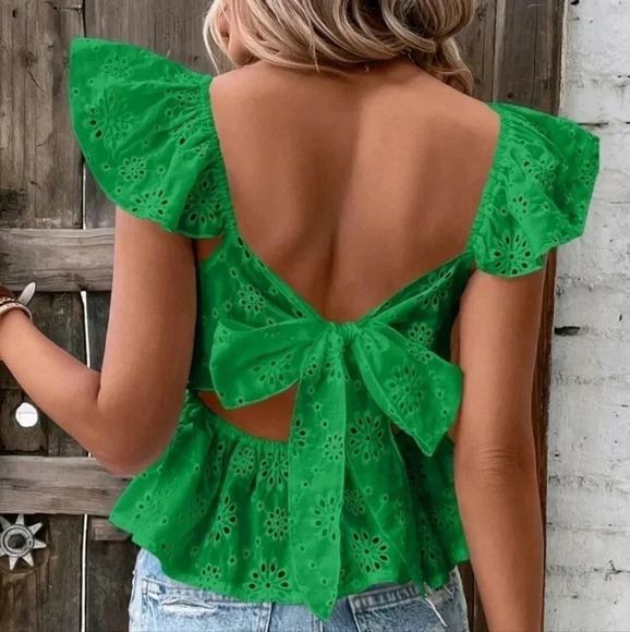 Eyelet Embroidery Tie Back Peplum Blouse - Picture 1 of 6